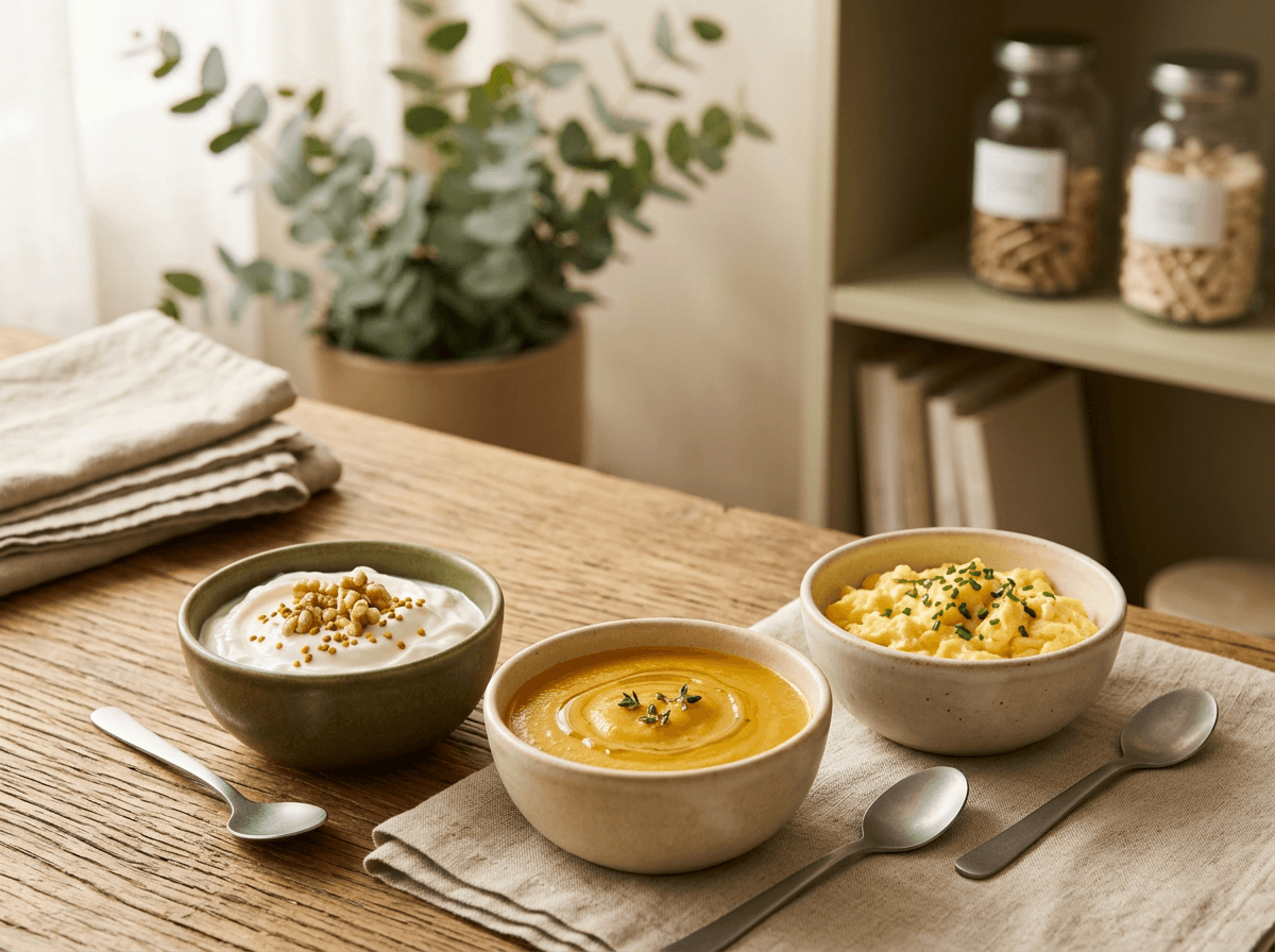 Sopas cremosas coloridas em potinhos individuais, representando a fase de dieta líquida cremosa pós-bariátrica