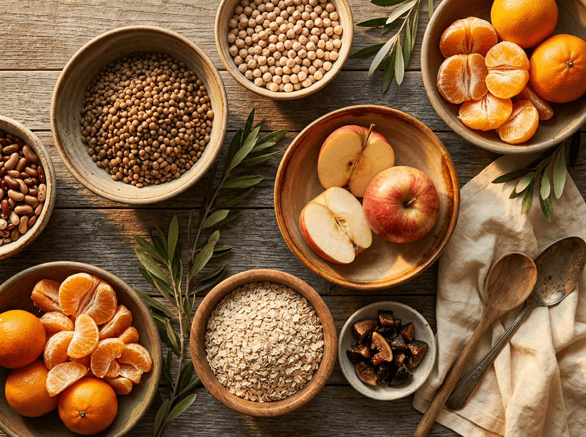 Seleção de alimentos que reduzem o colesterol LDL incluindo aveia, nozes, azeite e peixes