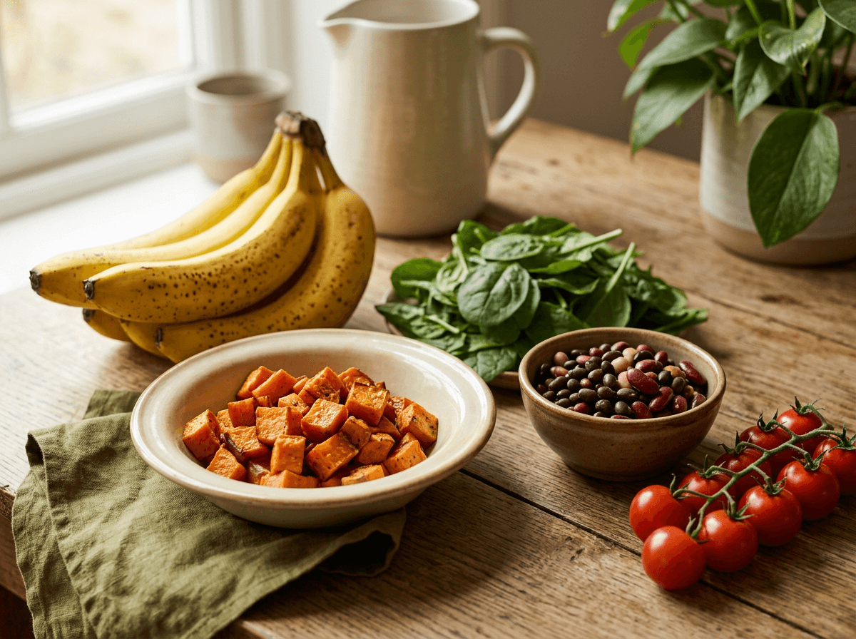 Cardápio DASH com alimentos brasileiros incluindo arroz integral, feijão, frutas e vegetais