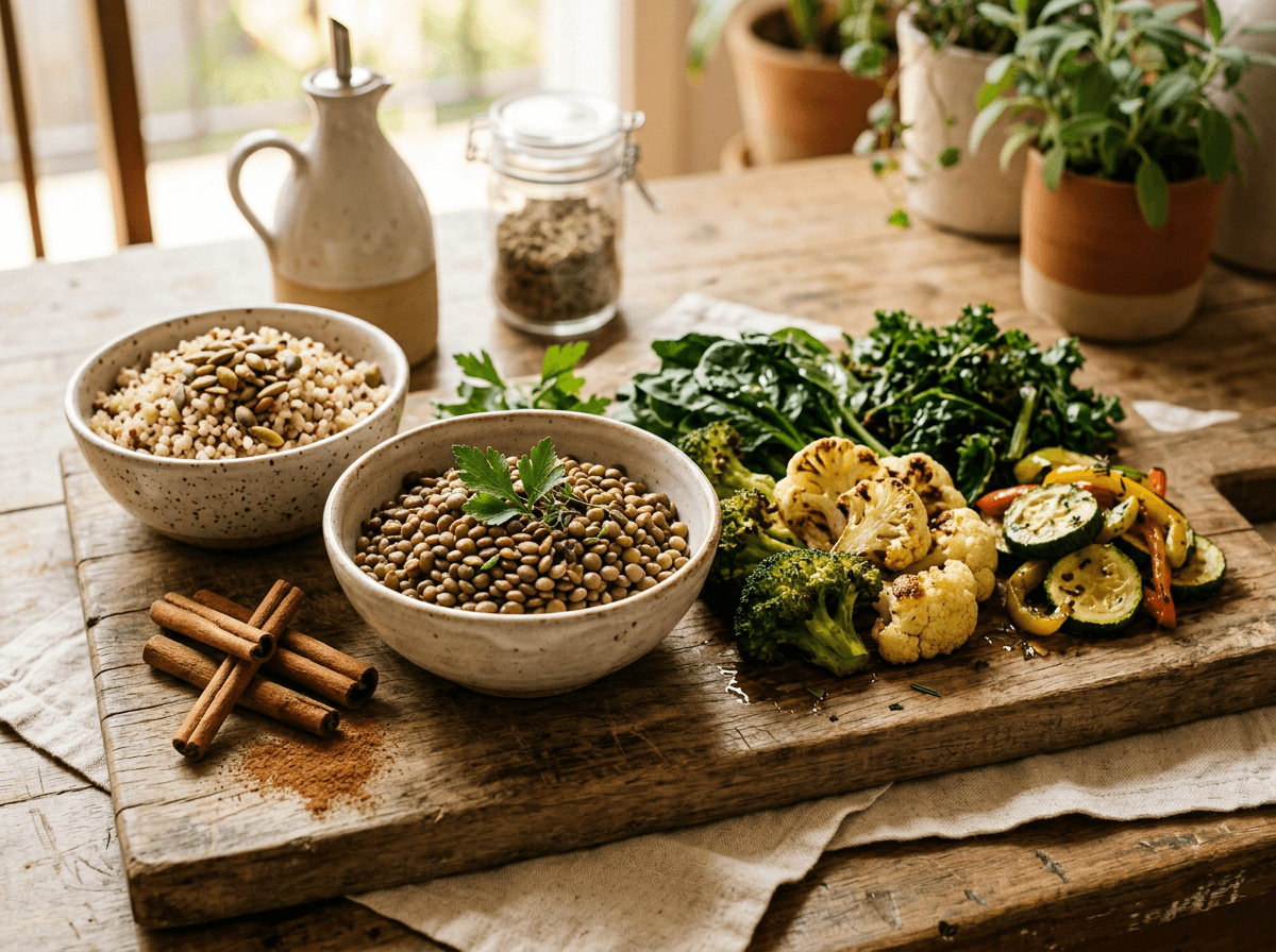 Divisão visual do método do prato para diabetes tipo 2 com vegetais, proteína e carboidrato de qualidade