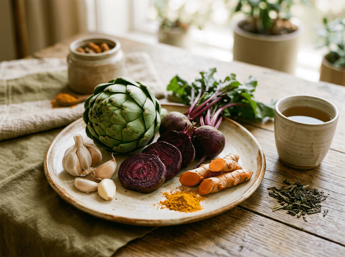 Alimentos do padrão mediterrâneo adaptado ao Brasil incluindo azeite, peixes, vegetais e leguminosas