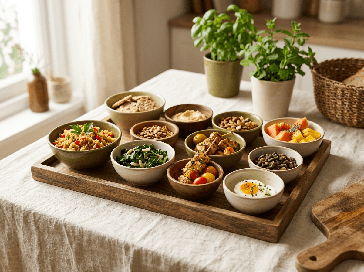 Prato colorido com proteína magra, vegetais variados e grãos integrais representando uma refeição equilibrada durante tratamento com GLP-1