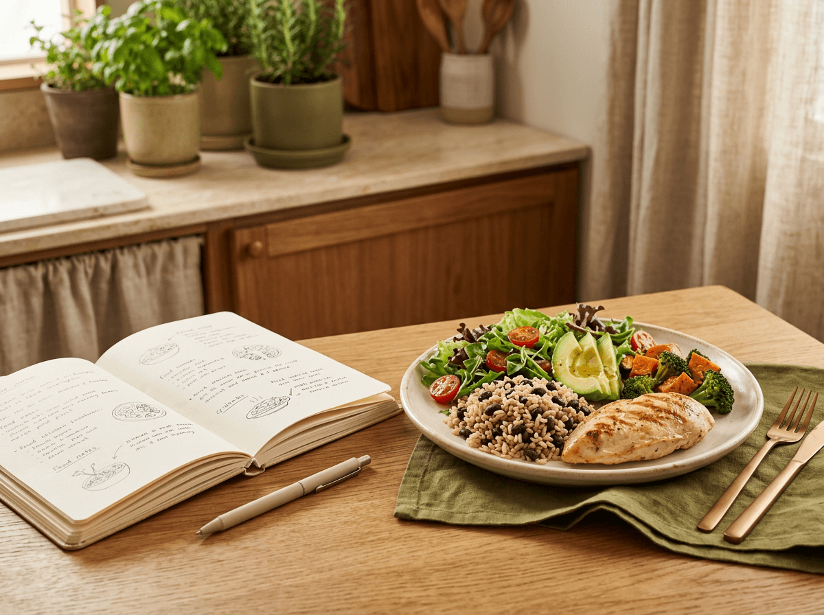 Pessoa planejando refeições semanais com alimentos variados e saudáveis em uma cozinha organizada