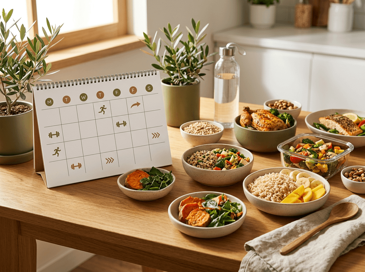 Diagrama das fases de periodização nutricional: volume, intensificação, deload e definição