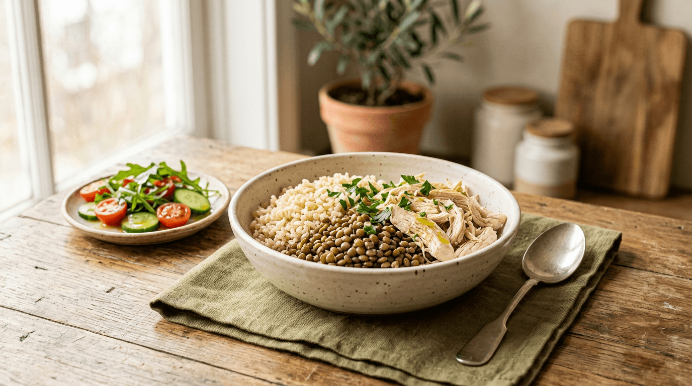 Arroz Integral com Lentilha e Frango (bowl)
