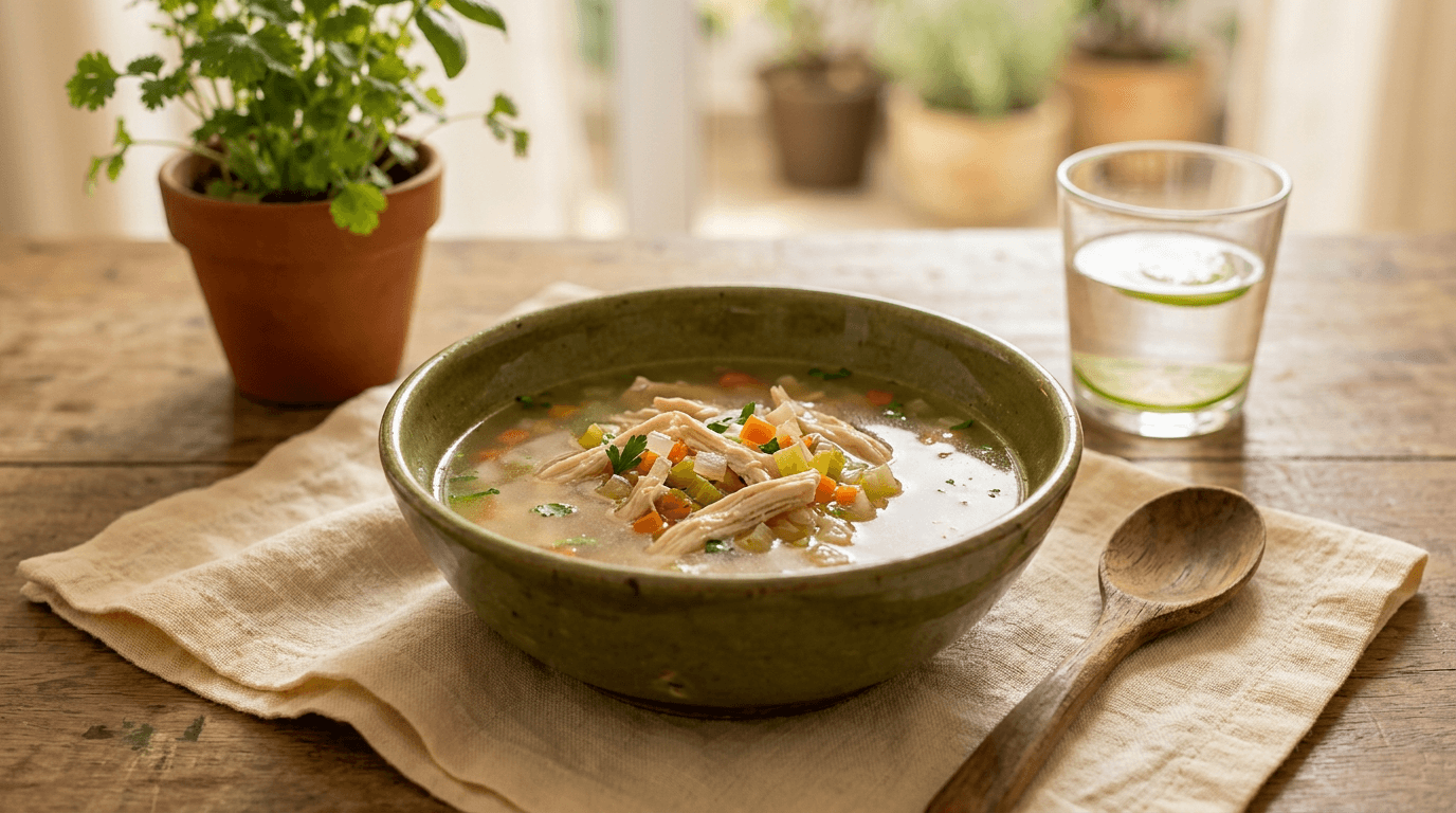 Caldo Leve de Legumes com Frango Desfiado