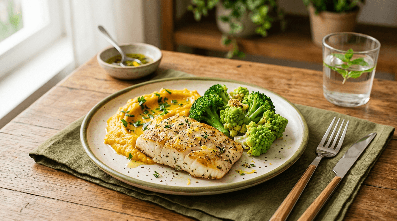 Peixe com Purê de Abóbora e Brócolis
