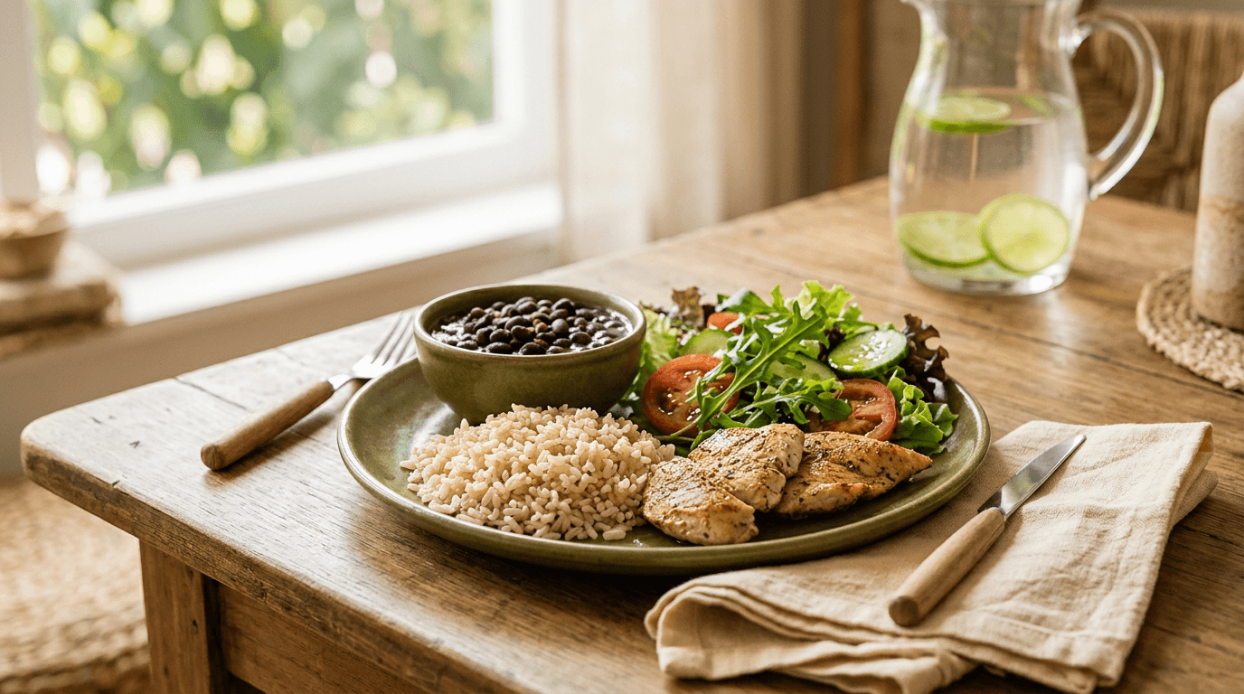 Prato Brasileiro: Arroz + Feijão + Frango + Salada