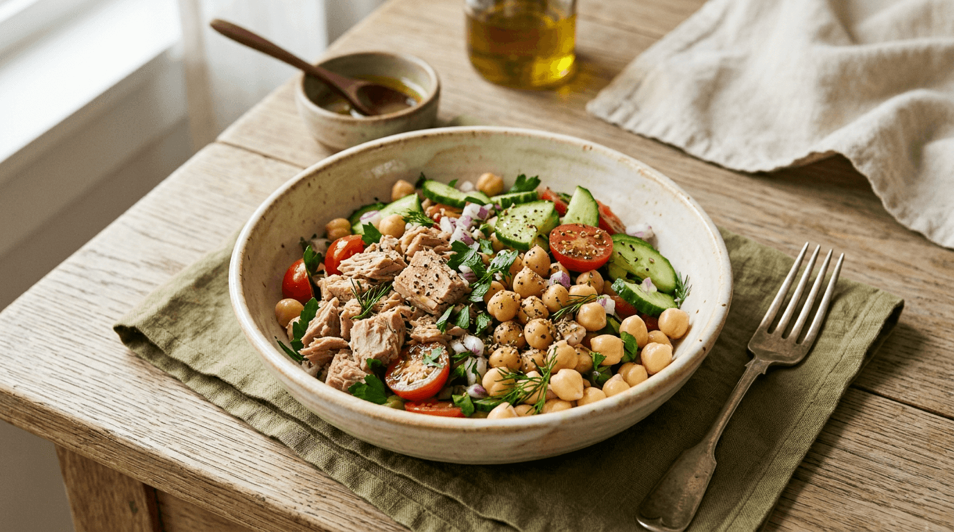 Salada Proteica de Grão-de-Bico com Atum